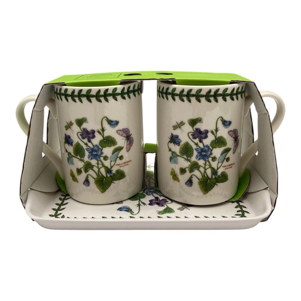 Portmeirion Botanic Garden Pimpernel 2 Mug & Tray Set NWT Floral SWEET VIOLET